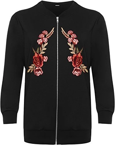 Plus Womens Embroidered Vintage Bomber Jacket Ladies Floral Print Long Sleeve - Black - 22-24