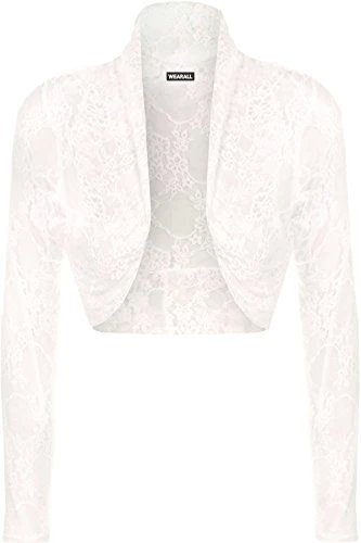 Plus Womens Floral Lace Long Sleeve Stretch Short Shrug Ladies Cardigan 14 - Cream - 26-28