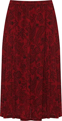 Plus Womens Paisley Print Midi Skirt Ladies Elasticated Stretch Waist New - Wine - 20-22