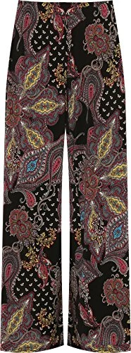Plus Womens Wide Leg Palazzo Trouser Pants Ladies Flared Paisley Print Stretch - Black - 20-22