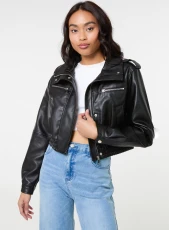 Pocket Detail PU Cropped Bomber Jacket BLACK Pocket Detail PU Cropped Bomber Jacket BLACK