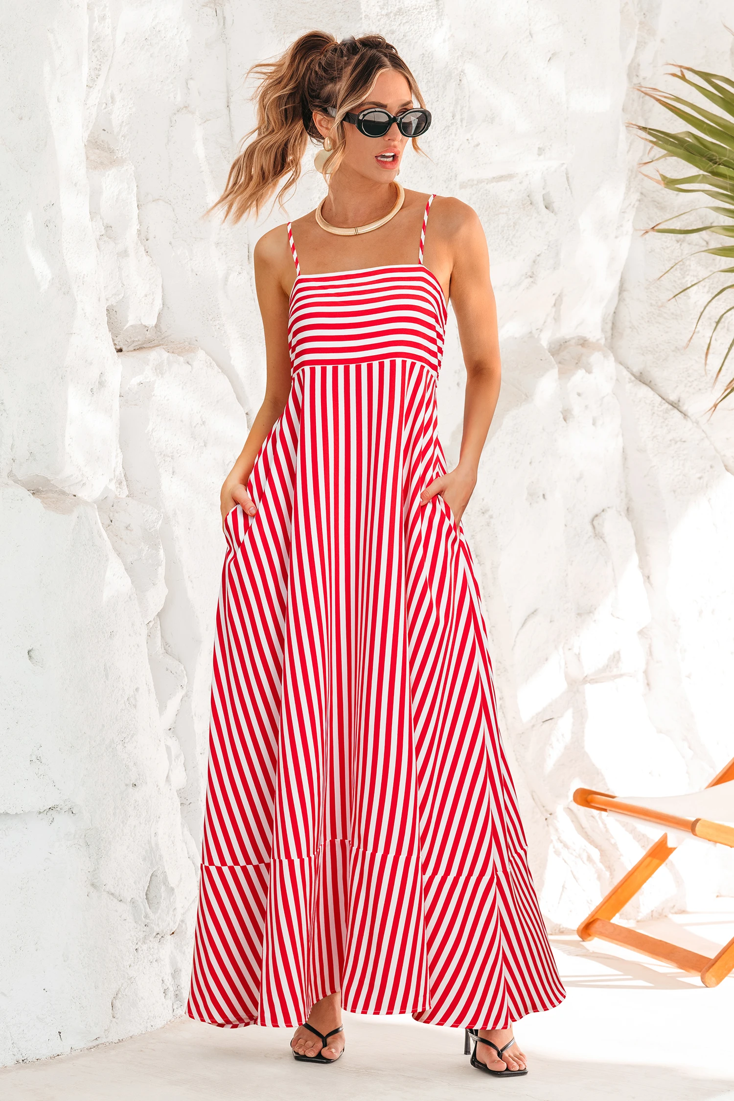 Polished Retreat Striped Maxi Dress - Red