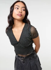 Polka Dot Mesh Cap Sleeve Crop Top Black/White