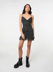 Polka Dot Mesh Cap Sleeve Mini Dress Black/White