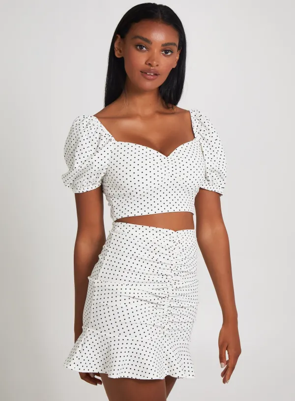 Polka Dot Puff Sleeve Top - M - WHITE/BLACK