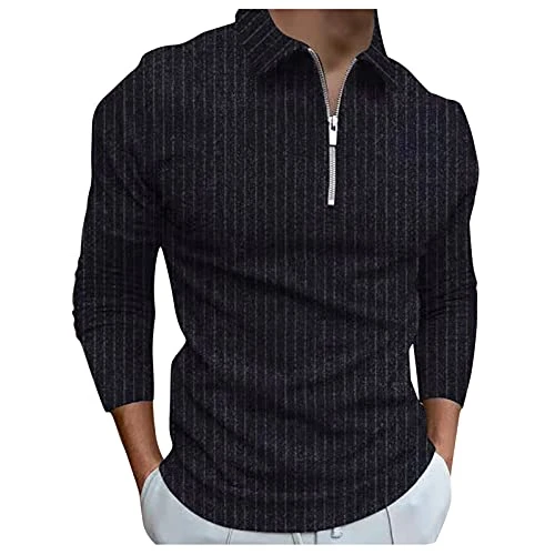 Polo Long Sleeve Men's Comfortable Sports Shirt Shirts with Reverse Collar and Zip Stripes Elegant Lightweight Polo Shirt Casual Long Sleeve Breathable T-Shirt Premium Training Fitnes, Black, 3XL