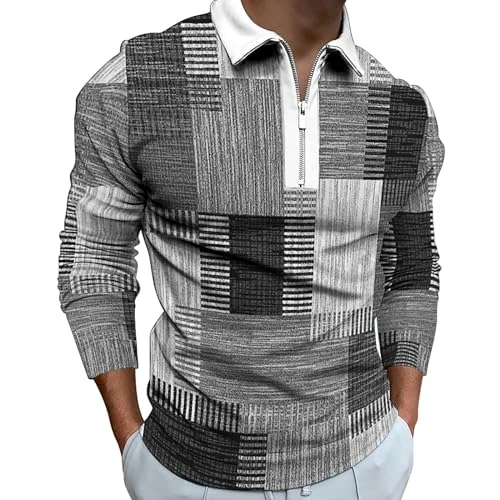 Polo Long Sleeve Men's Sports T-Shirt Lightweight Long Sleeve with Turndown Collar Wide Comfortable Shirts Stylish Breathable Poloshirt Shirt Regular Fit Elastic Training Shirt, grey, XL