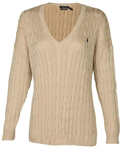 Polo RL Women's Cable Knit V-Neck Pony Sweater-Natural-Large, Natural, L