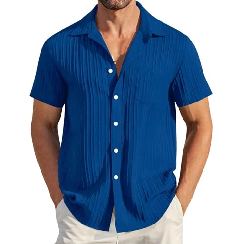 Polo Shirt for Men Cotton Short Sleeve Single-Breasted Button Down Tops Solid Color Pleated Comfortable Turn Down Collar T Shirt Dark Blue