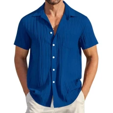 Polo Shirt for Men Cotton Short Sleeve Single-Breasted Button Down Tops Solid Color Pleated Comfortable Turn Down Collar T Shirt Dark Blue