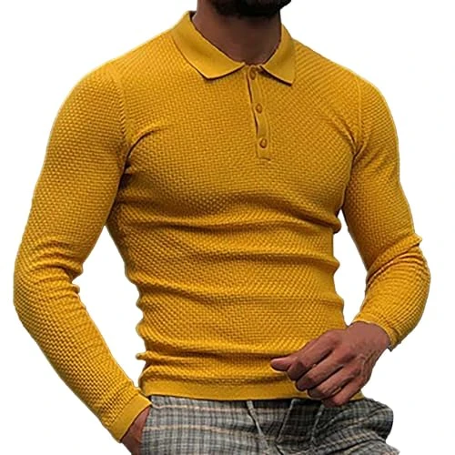 Polo Shirt for Men Long Sleeve Quarter Button Down Pleated Pullover Tops Solid Color Printed Turn Down Collar Henley Shirt Yellow