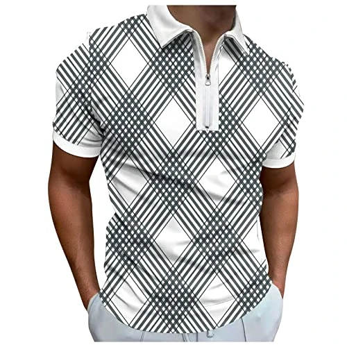 Polo Shirt for Men Short Sleeve Cuffs Quarter Zipper Tops Colored Stripe Printed Blouse Summer Fashion Lapel Henley Shirt White