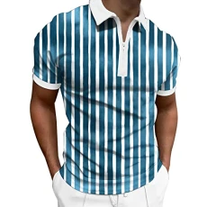 Polo Shirt for Men Short Sleeve Cuffs Quarter Zipper Tops Contrast Colored Block Printed Summer Fashion Lapel Casual Henley Shirt Blue