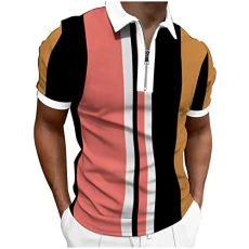 Polo Shirt Mens Short Sleeve Men Spring and Summer Casual Shirts Lapel Zipper Casual Short Sleeve Loose Shirt Elegant Printed Shirt Top Thin Mock Neck (2-Watermelon Red, L) Zip Polo Polo Tropic