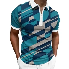 Polo Shirt Mens Short Sleeve Mens Spring and Summer Fashion Lapel Zipper Short Sleeve Printed T Shirt Shirt Top Shirts for Men Striped (3-Blue, XL) Men's Short Sleeve Polo Shirts Mens Hawaiian Shirts