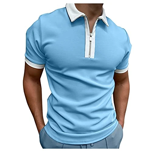 Polo Shirt Mens Short Sleeve Shirt Sleeve Turn Down Blouse Men's Zipper Collar Splice Solid Polos Casual Men's Blouse Lady Athletic Short (3-Blue, XL) Polo Shirts for Men Adult Summer Hawaiian Shirts