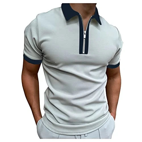 Polo Shirt Mens Short Sleeve Shirt Sleeve Turn Down Blouse Men's Zipper Collar Splice Solid Polos Ca