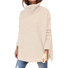 Poloneck Jumper Baggy Jumpers for Women UK Long Sleeve Plus Size Polo Roll Neck Ladies Sweaters Women Lightweight Jumpers Ladies Button Side Splits Tunic Top Deal of The Day Beige