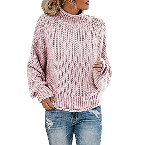 Poloneck Jumpers Women Polo Neck Jumpers for Women UK Long Sleeve Plus Size Polo Roll Neck Ladies Jumper Oversized New Ladies Womens Chunky Baggy Jumper Cheap Pink