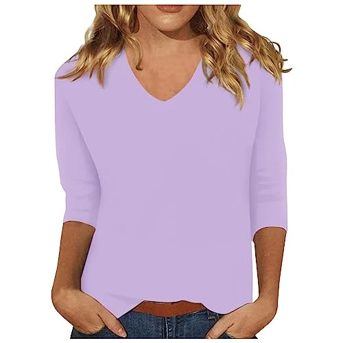 Prime Deals Of The Day Prime Sale Womens Tops Three Quarter Sleeve Pullover Tops Solid Color Printed Blouse Summer Fashion V Neck Dress Casual Plain Women Bottoming Shirt for Outdoo Sales Clearance