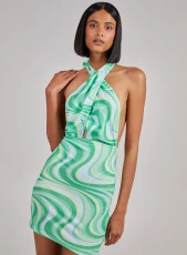 Print Halterneck Mini Dress Lime
