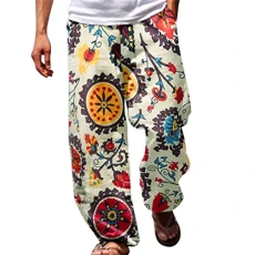 Print Trousers for Men - Wide Leg Trousers Casual Beach Trousers Stylish Smart Hip Hop Pants Baggy Jogging Trousers Summer Lounge Trousers Straight Fit Elasticated Waist Drawstring Pants XXXXL White
