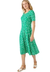 Printed Dress Women Flared Short Sleeves Green