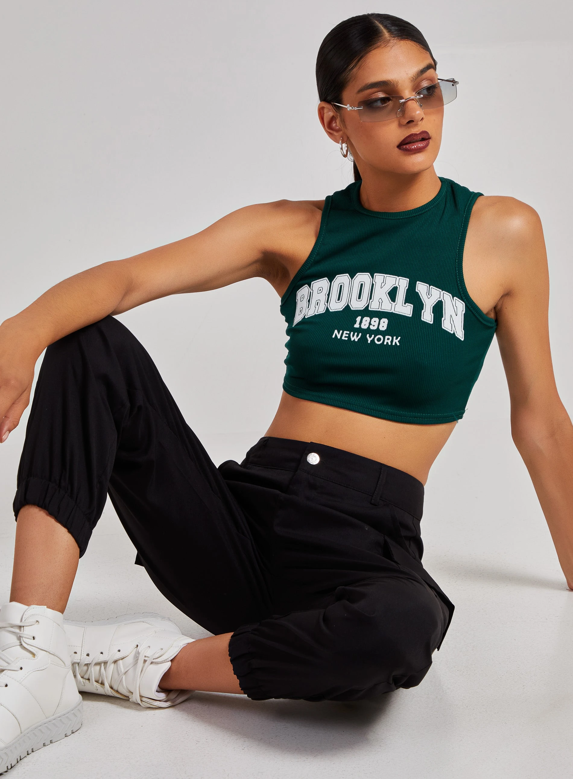 Printed Ribbed Crop Top Bottle Green