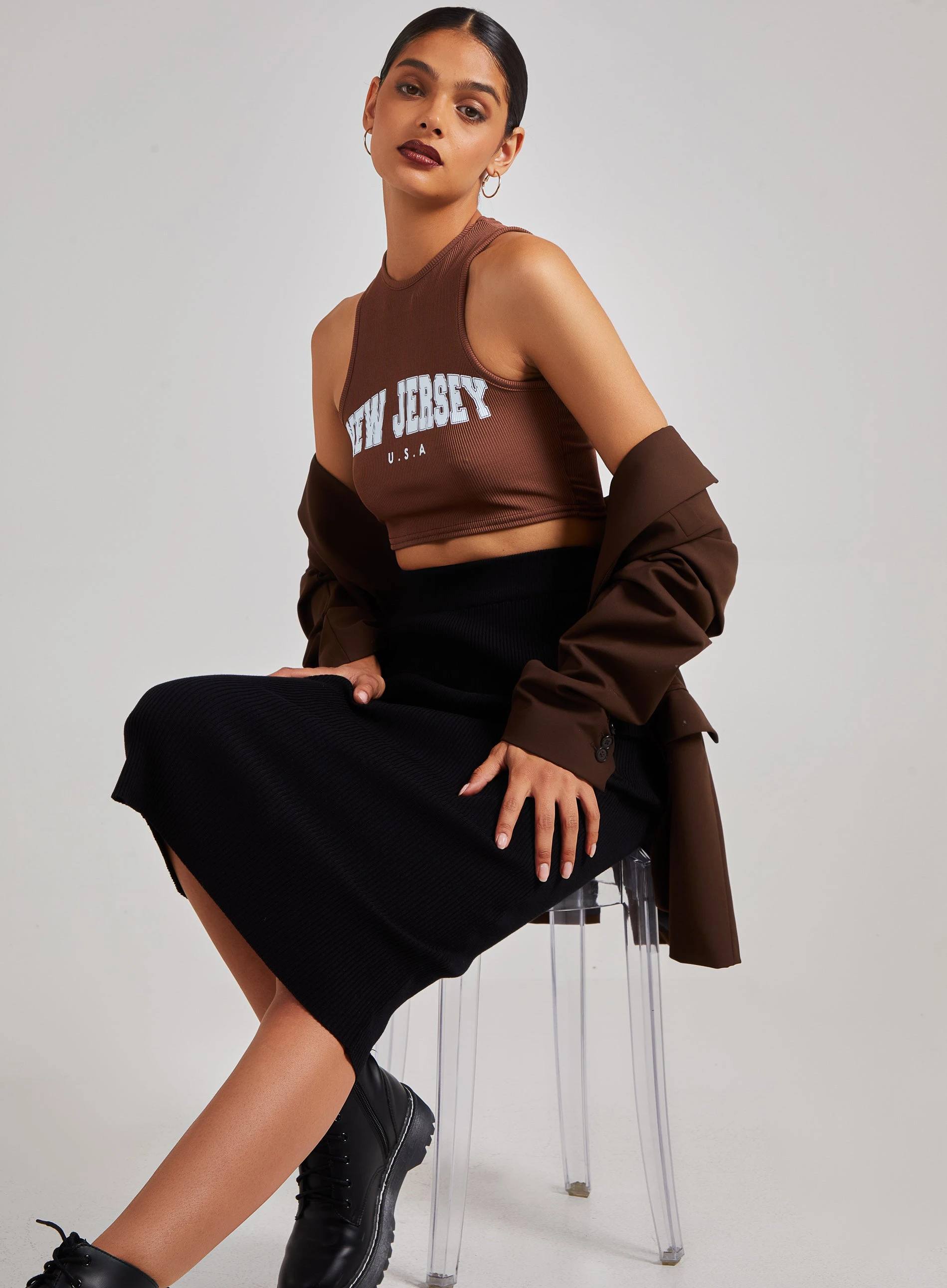 Printed Ribbed Crop Top  - S  - Brown