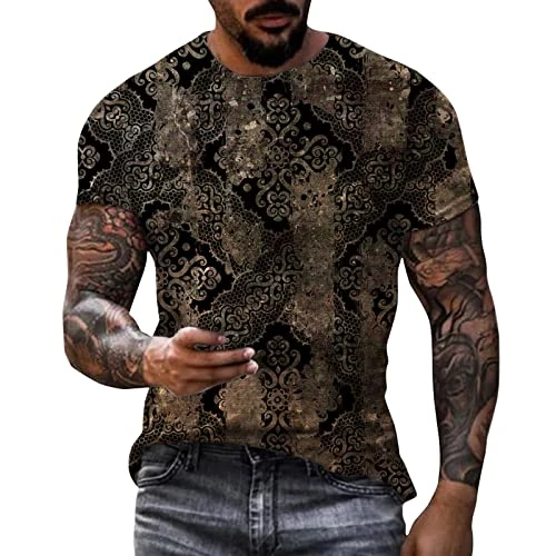 Printed T-Round Summer Top with Casual Neck Ethnic Shirt Men's Outdoor Sleeve Men's T-Shirts Fitness T-Shirts Men Gym Shirt Men's T-Shirt Men's Fashion, black, XXXX-Large