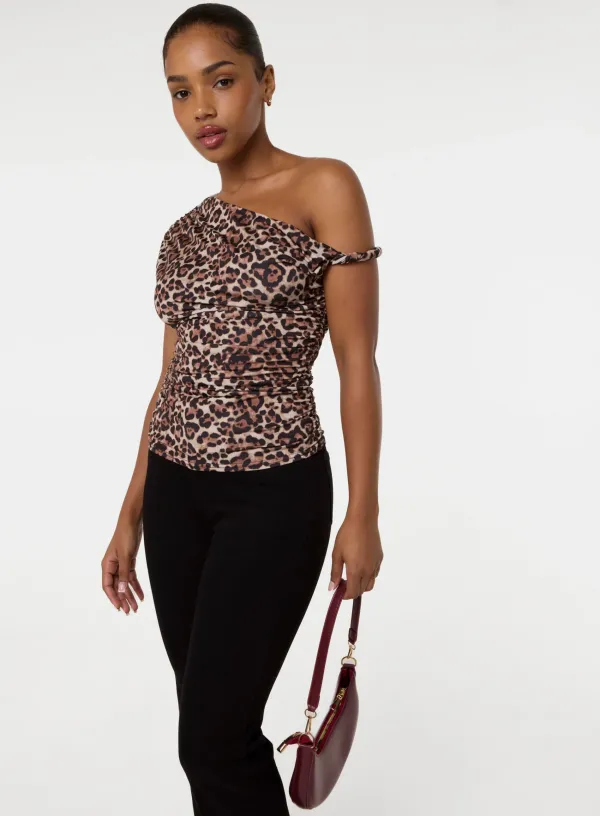 Printed Twist Shoulder Top - S - LEOPARD