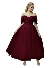 Prom Gowns for Women Sweetheart Short Sleeves Sweet Tulle Tea Length Ball Gown Off Shoulder A-Line F