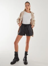 PU Drawstring Shorts  - L  - BLACK