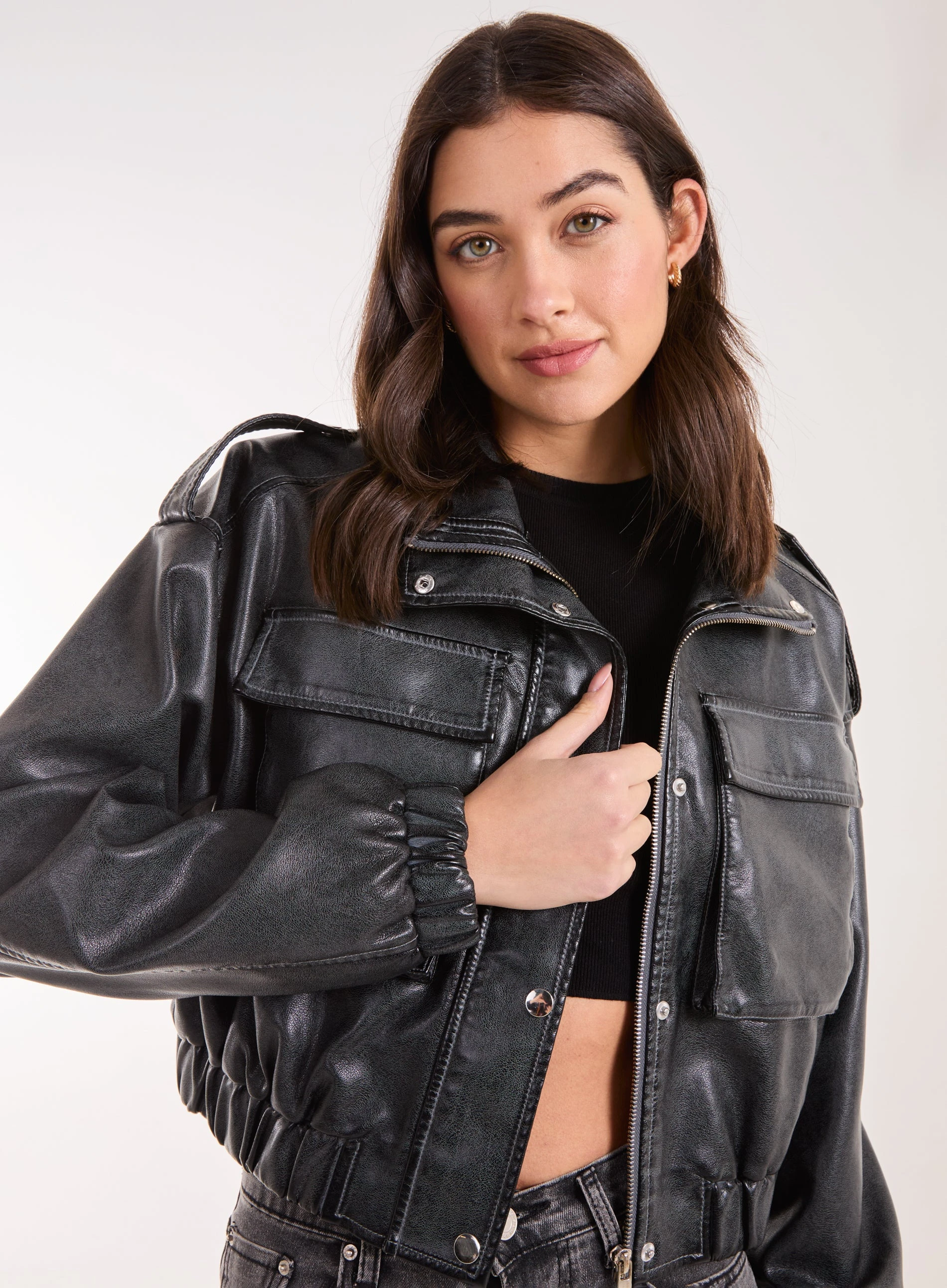 PU Utility Cropped Bomber Jacket BLACK