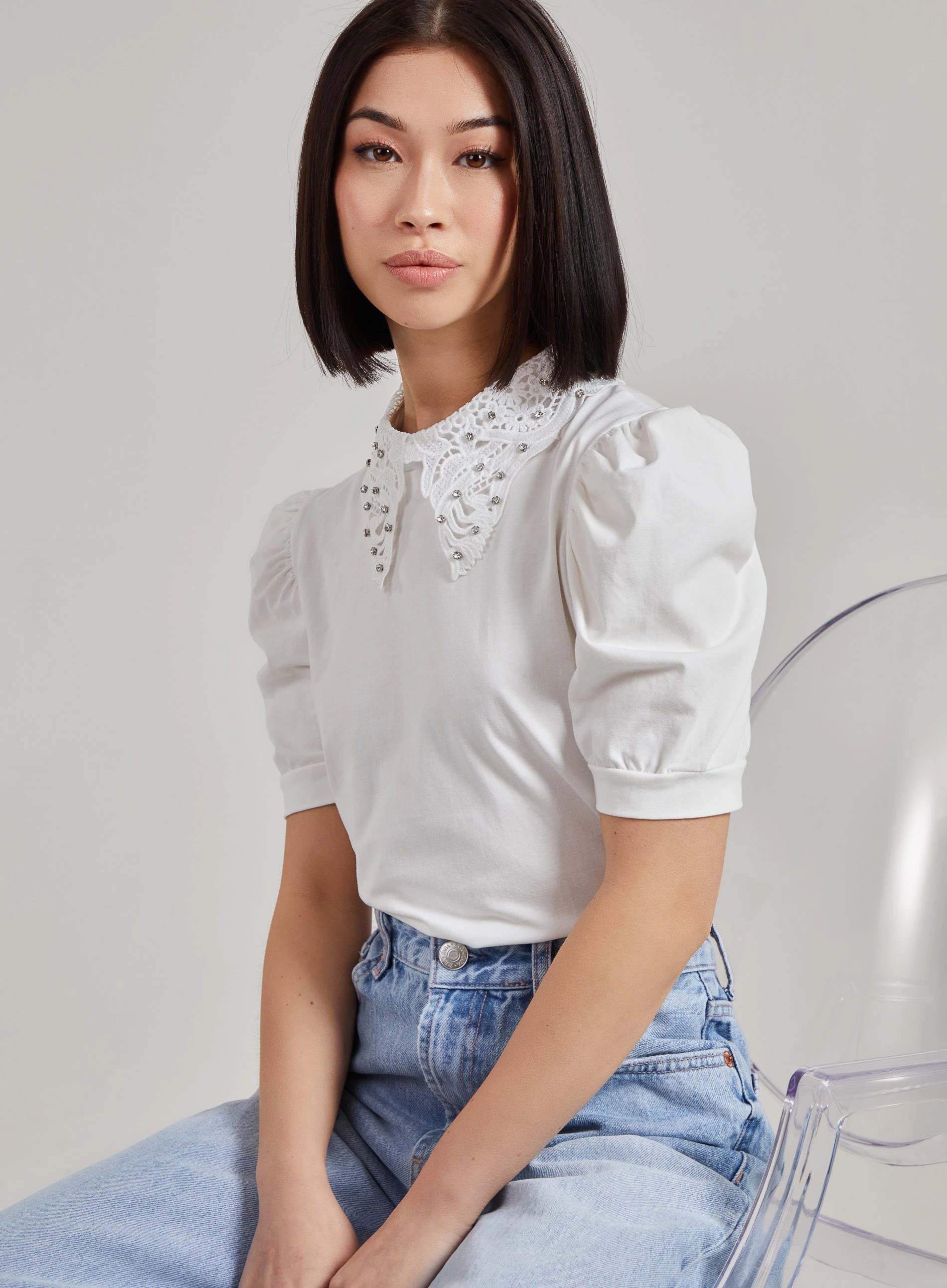 Puff Shoulder Lace Detail Top  - L  - Ivory