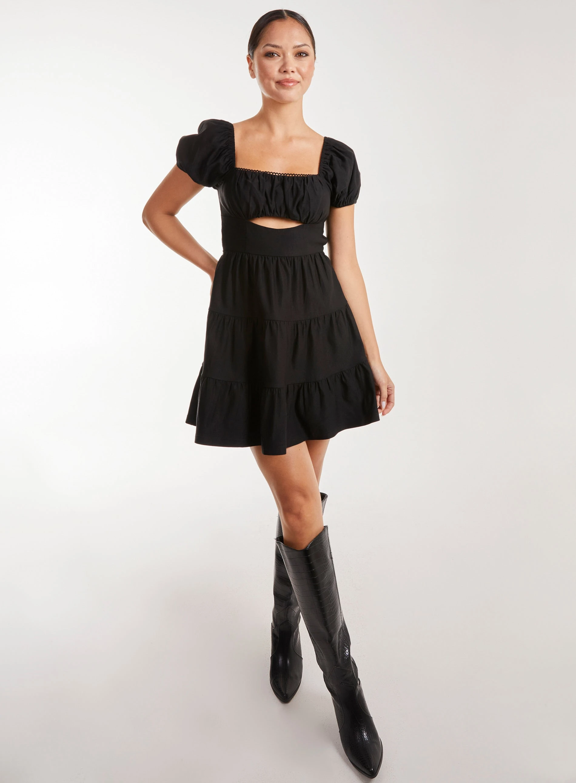 Puff Sleeve Peekaboo Tiered Mini Dress  - 12  - BLACK