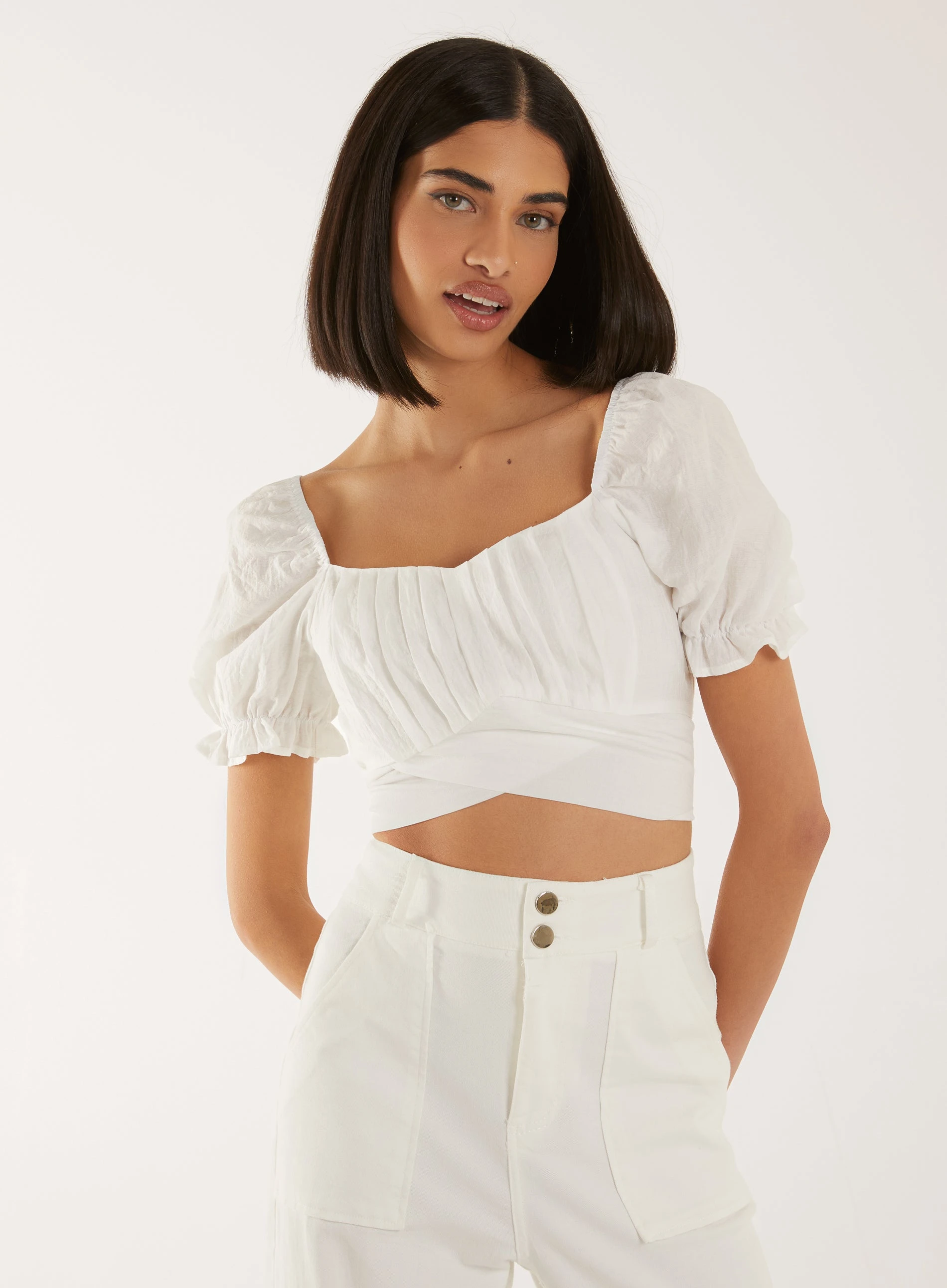 Puff Sleeve Tie Back Top  - S  - IVORY