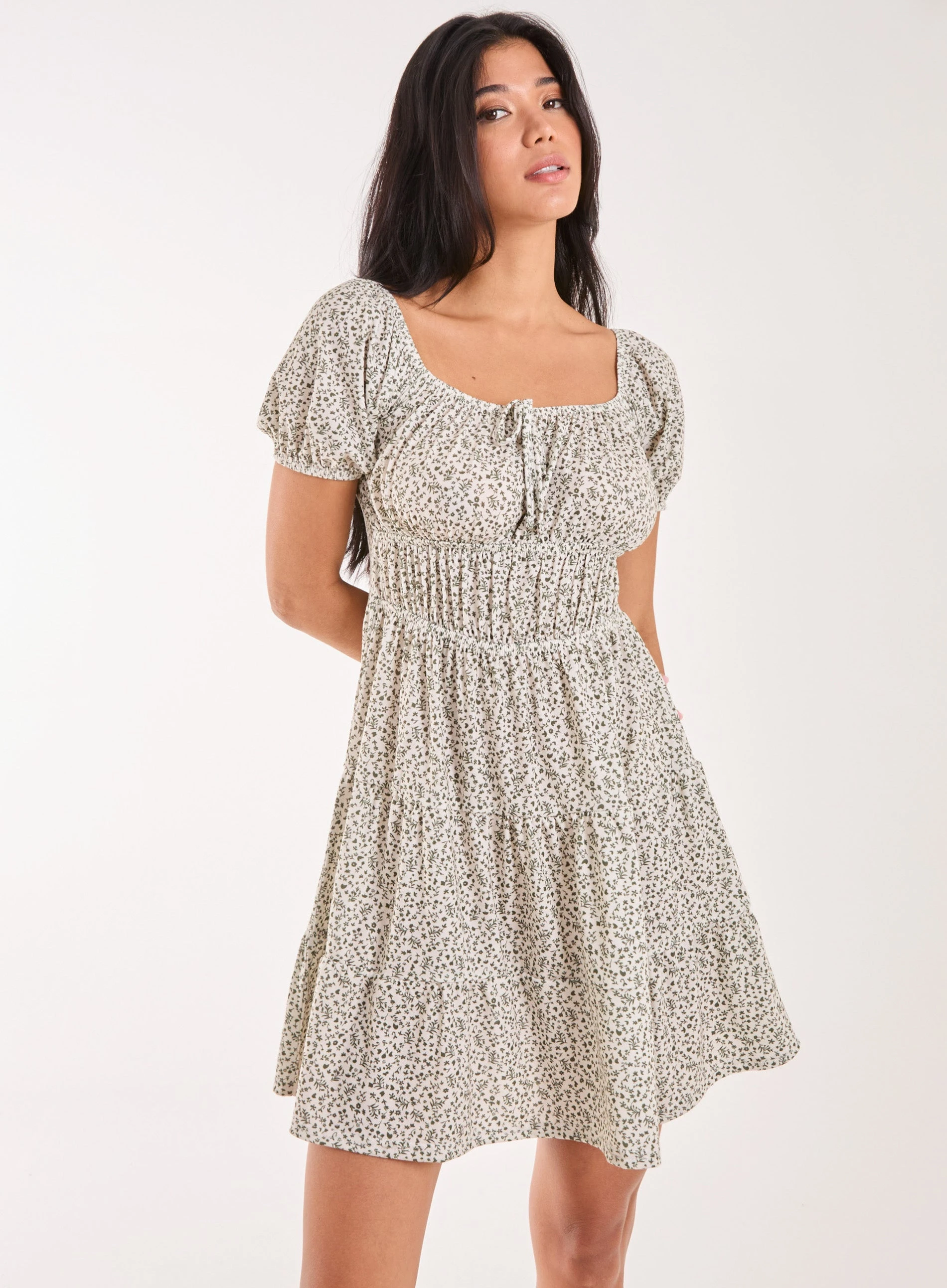 Puff Sleeve Tiered Mini Dress  - S  - IVORY