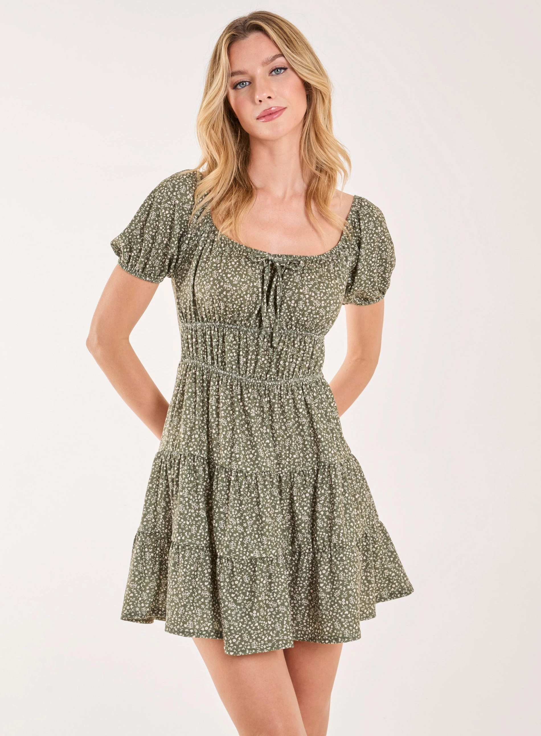 Puff Sleeve Tiered Mini Dress  - S  - KHAKI