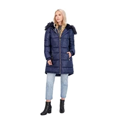 Puffer Coat For Women - Quilted Winter Coat w/ Faux Fur Hood, Navy, S Puffer Coat For Women - Quilted Winter Coat w/ Faux Fur Hood, Navy, S