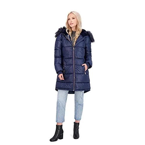 Puffer Coat For Women - Quilted Winter Coat w/ Faux Fur Hood, Navy, S