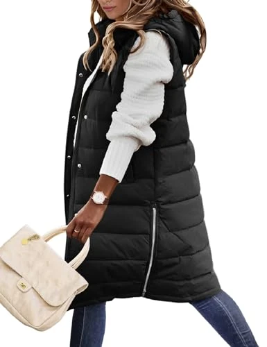 Puffer Vest for Women Long Down Hooded Vest Womens Sleeveless Zip Up Jacket Winter Thick Coats with Pockets, Black, Small