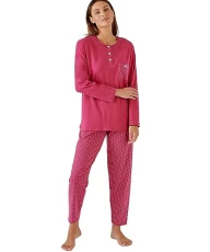 Pull-on Cotton Pyjamas Women Nightwear Round Neck Long Sleeves Pink Pull-on Cotton Pyjamas Women Nightwear Round Neck Long Sleeves Pink
