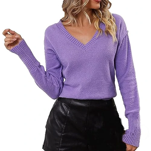 Pullover Clips Women's Autumn and Winter Knitwear Temperament Fashion Long Sleeve V-Neck Plain Pullover Cardigan Women's Elegant, purple, M
