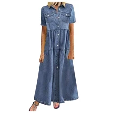 Pullover Dress Women's Casual Multi-Button Skirt Summer Skirt Denim Multi-Pocket Fashion Women Dress Party Dresses Ladies, darkblue, XXXL