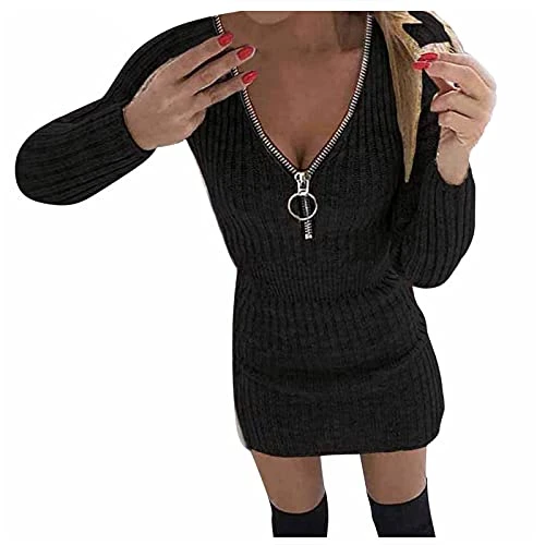 Pullover Dress Women's V-Neck Plain Slim Fit with Zip Knitted Dress Long Sleeve Short Sweater Dress Autumn Winter Elegant Comfortable Slim Jumper Dresses Party Dress Wrap Dress, black, 5XL