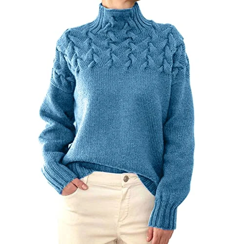 Pullover Sweaters Women UK Cable Knit Chunky Knit Turtleneck Sweaters Plain Sweater High Neck Knitted Sweaters Solid Color Knit Tops Long Sleeve Pullover Knitwear Ladies Sweaters Sky Blue