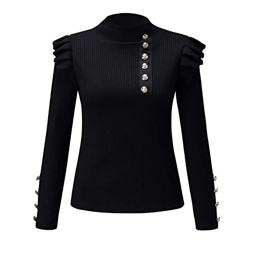 Pullover Women's Glitter Autumn Winter Women Sweatshirt Long Sleeve Ribbed Blouse Turtleneck Button Ruffle Cardigan Elegant Thin Top Long Sleeve Shirt Women's Pack, black, L