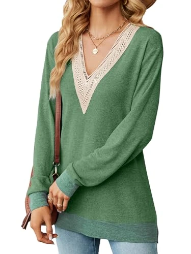 Pullover Women's V-Neck Sweatshirts Lightweight Knitted Jumper Long Sleeve Tops Long Sleeve Lace Cas