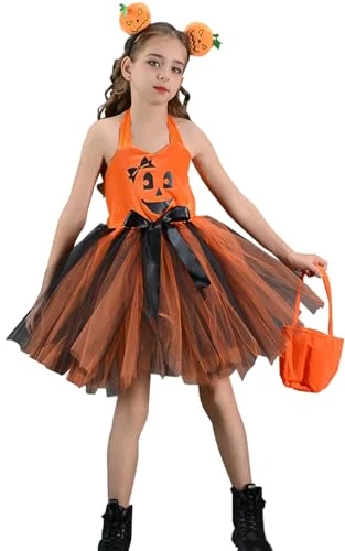 Pumpkin Dress for Girls Tutu Fancy Outfit Pumpkin Dress Up 3 Piece Clothes Set with Headband Candy Bag Halter Tulle Festive Party Clothes Adjustable Shoulder Strap Dress for 8-9 Years